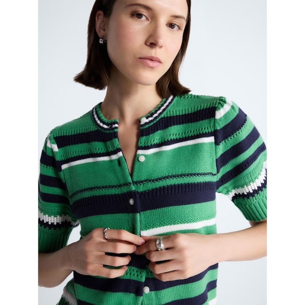 Free Assembly Womens Textured Stripe Cardigan Short Puff Sleeve Green XXL NWT